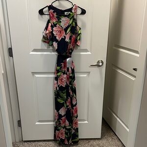 Eliza J One Shoulder Floral Maxi Dress - Pink and Green on Navy